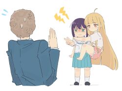  2girls ahoge black_hair blonde_hair blue_neckerchief blue_skirt carrying carrying_person character_request chinese_commentary cho_kaguya-hime! commentary_request crying fafayu green_eyes highres kaguya_(cho_kaguya-hime!) long_hair long_sleeves multiple_girls neckerchief orange_eyes pointing protected_link sakayori_iroha school_uniform serafuku shirt short_hair short_sleeves simple_background skirt very_long_hair violet_eyes white_background white_shirt 