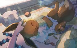  2others animal_ears closed_eyes commentary_request disembodied_hand drooling eevee mouth_drool multiple_others open_mouth pawpads pokemon pokemon_(creature) rare_candy sleeping soothe_bell substitute_(pokemon) tail y-kometubu 