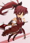  bow grin hair_bow magical_girl mahou_shoujo_madoka_magica polearm ponytail red_eyes red_hair redhead sakura_kyouko smile solo spear thighhighs ukke weapon 