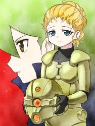  1boy 1girl armor black_cloak black_gloves black_shirt blonde_hair blue_eyes breastplate brown_eyes choujin_locke cloak closed_mouth full_armor gloves green_hair helmet holding holding_unworn_helmet locke looking_at_viewer parted_lips pauldrons primula_renner projected_inset red_background shirt short_hair shoulder_armor unworn_headwear unworn_helmet upper_body vambraces yellow_armor yuuki_shin'ichi 