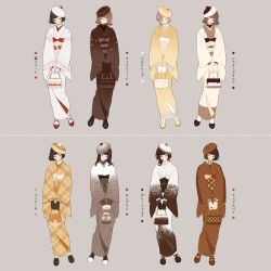  6+girls absurdres apple_pie asymmetrical_hair bag beret black_bow black_gloves black_hair blueberry blunt_bangs blush bob_cut boots bow brown_background brown_gloves brown_hair brown_kimono brown_ribbon brown_shirt brown_shoes brown_socks cake cake_print checkered_clothes cheesecake chocolate_cake collared_shirt commentary_request fashion flower flower_ornament food food-themed_bag food-themed_clothes food-themed_hat food_print frilled_shirt frilled_sleeves frills fruit full_body gloves gradient_clothes gradient_kimono hanatsuki hat highres holding holding_bag japanese_clothes jewelry kimono leaf leaf_print loafers long_hair mille_crepe mont_blanc_(food) multicolored_kimono multiple_girls no_nose obiage obidome obijime original pancake patterned_clothing pie pillbox_hat plaid_clothes print_kimono red_bow red_flower red_rose ribbon ring rose round_bag shirt shirt_under_kimono shoes short_hair sleeves_past_wrists smile socks strawberry strawberry_shortcake striped_bow striped_clothes striped_kimono sweater swept_bangs tart_(food) translated wavy_hair white_gloves white_kimono white_shirt white_socks yellow_kimono 