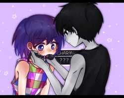  2boys ball_gag black_eyes black_hair black_tank_top blush checkered_clothes closed_mouth colored_skin commentary double-parted_bangs english_commentary english_text gag hair_between_eyes highres kel_(headspace)_(omori) kel_(omori) letterboxed linglanjunying male_focus multiple_boys omori open_mouth purple_hair short_hair tank_top violet_eyes white_skin 