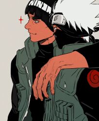  2boys absurdres arm_around_shoulder black_hair black_shirt blunt_ends closed_mouth collared_jacket commentary_request covered_mouth english_text flak_jacket forehead_protector grey_background hatake_kakashi highres jacket konohagakure_symbol korean_commentary long_sleeves m0_mo_momo male_focus mask might_guy mouth_mask multiple_boys naruto_(series) naruto_shippuuden popped_collar shirt simple_background smile thick_eyebrows turtleneck upper_body white_hair 