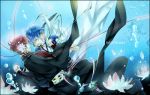  blue blue_hair bubble bubbles flower flowers hair_flower hand_holding headphones holding_hands kaito lilies male nail_polish open_mouth red_hair redhead underwater vocaloid water witchonly yaoi 