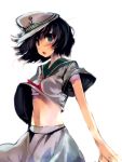  black_hair bra green_eyes hat lingerie midriff murasa_minamitsu navel open_mouth sailor sailor_collar sailor_hat shirt_lift short_hair simple_background solo touhou ukyo_rst underwear 