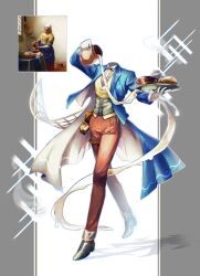  1boy absurdres basket belt_pouch black_shoes blue_bow blue_bowtie blue_coat border bow bowtie bread brown_pants center_frills coat collared_shirt corset crinoline dress_shoes fine_art_parody food frills full_body green_corset grey_border hand_up highres holding holding_pitcher holding_tray hoshi_mori invisible jug_(bottle) lapel_pin lapels long_sleeves male_focus milk open_clothes open_coat original outside_border pants parody peaked_lapels personification pillarboxed pitcher_(container) pouch pouring pouring_onto_self reference_inset shadow shirt shoes simple_background solo sparkle standing the_milkmaid thigh_strap tray two-sided_coat two-sided_fabric vest white_background white_coat white_shirt yellow_vest 