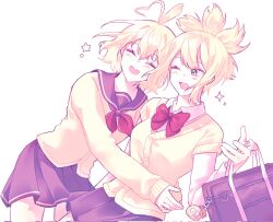  2girls ^_^ ahoge alternate_costume bag black_skirt blonde_hair blush bow bowtie cardigan charm_(object) closed_eyes commentary_request dr._stone expressive_hair heart heart_ahoge highres holding holding_bag hug kohaku_(dr._stone) korean_commentary long_sleeves multiple_girls one_eye_closed open_mouth pointy_hair ponytail red_bow red_bowtie sailor_collar school_bag school_uniform serafuku shirt short_hair simple_background skirt smile sparkle star_(symbol) suika_(dr.stone) sweater white_background yellow_cardigan yellow_sweater yuhachan3 