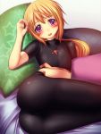  androgynous blonde_hair blush bodysuit charlotte_dunois flat_chest infinite_stratos kachiwarigoori long_hair lying pantyhose pillow pilot_suit purple_eyes reverse_trap solo tomboy violet_eyes 