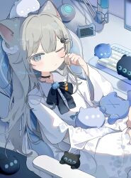 1girl animal_ear_fluff animal_ears arm_cutout black_choker black_ribbon blue_eyes blue_ribbon blush brooch cat_brooch cat_girl choker closed_mouth clothing_cutout computer_keyboard creature_on_head dot_nose dress grey_hair hair_between_eyes hair_ornament hand_on_own_cheek hand_on_own_face hennyano_(nachoneko) highres indie_virtual_youtuber jewelry leaning_back long_hair long_sleeves looking_at_viewer ma_ru_o microphone monitor nachoneko one_eye_closed paw_print ribbon sample_watermark sitting sleepy solo tail tenshi_kaiwai upper_body virtual_youtuber watermark white_dress 