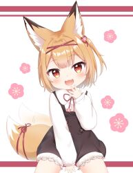  1girl :d absurdres afterimage animal_ear_fluff animal_ears between_legs black_dress bloomers blush brown_hair collared_shirt commentary_request dress dress_shirt floral_background fox_ears fox_girl fox_tail hand_between_legs highres kinakon koume_(vrchat) long_sleeves looking_at_viewer one_side_up puffy_long_sleeves puffy_sleeves red_eyes shirt sleeveless sleeveless_dress sleeves_past_wrists smile solo tail tail_wagging vrchat white_background white_bloomers white_shirt 