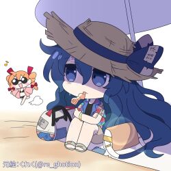  2girls bag beach beach_umbrella bikini black_bikini blue_bow blue_eyes blue_hair blue_shirt blush_stickers bow brown_hat brown_shorts chibi chibi_only closed_mouth commentary_request double-parted_bangs food_in_mouth full_body green_sandals hair_between_eyes hat hat_bow highres long_hair looking_at_another multiple_girls open_mouth papico_(ice_cream) rizleting sandals shirt short_sleeves shorts siblings simple_background sisters sitting sun_hat swimsuit touhou umbrella white_background yorigami_jo'on yorigami_shion 