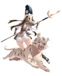  absurdres armor ass bad_id brown_eyes brown_hair highres long_hair looking_back polearm spear tensugi_takashi tiger weapon white_tiger 