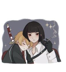  1boy 1girl absurdres black_hair blonde_hair cigarette closed_eyes closed_mouth couple hetero highres holding holding_cigarette holding_sword holding_weapon limbus_company looking_at_viewer necktie project_moon raccono_2811 red_eyes red_necktie ryoshu_(project_moon) shirt simple_background sinclair_(project_moon) sleeping sleeping_on_person sparkle sword weapon white_background white_shirt 