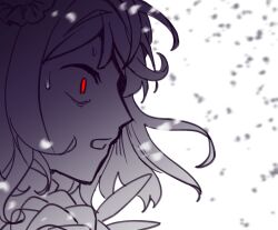  1girl bun_cover commentary_request falling_petals flower greyscale hair_bun highres ibaraki_kasen korean_commentary looking_to_the_side lovelobten monochrome open_mouth petals red_eyes rose short_hair solo sweat sweatdrop touhou white_background wide-eyed 