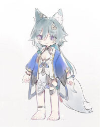  1girl animal_ears barefoot blue_jacket bracelet chibi commentary_request dress fox_ears fox_girl fox_tail fud full_body grey_background hair_ornament honkai:_star_rail honkai_(series) jacket jewelry long_hair open_clothes open_jacket ponytail simple_background sketch smile_lines solo tail violet_eyes white_dress yukong_(honkai:_star_rail) 