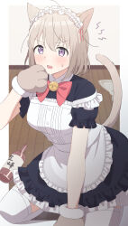  1girl absurdres animal_ears animal_hands apron bell blush bottle bow bowtie cat_ears cat_girl cat_tail commentary_request gloves grey_hair highres indoors juu_10 kamiina_botan_yoeru_sugata_wa_yuri_no_hana kemonomimi_mode kneeling maid maid_apron maid_headdress neck_bell open_mouth paw_gloves red_bow red_bowtie short_hair solo sweat sweatdrop tail thigh-highs tonami_ibuki violet_eyes white_thighhighs 