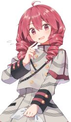  1girl ahoge alt_text alternate_hairstyle blush bow commentary_request cowboy_shot double-parted_bangs drill_hair flying_sweatdrops grey_shirt grey_skirt hair_between_eyes hair_down highres holding holding_bow_(ornament) kasane_teto kasane_teto_(sv) long_sleeves looking_at_viewer mani_(manidrawings) nail_polish open_mouth red_eyes red_hair red_nails shirt sidelocks simple_background skirt solo synthesizer_v twin_drills white_background 