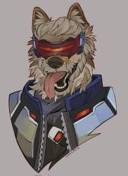  1boy animal_ears artist_name dog_boy dog_ears facing_viewer fangs furrification furry furry_male grey_background highres male_focus open_mouth overwatch scar scar_on_face soldier:_76_(overwatch) tongue tongue_out upper_body weevilparty 