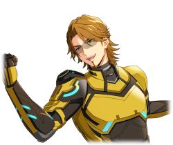  1boy :d armor brown_eyes brown_hair clenched_hand cropped_torso facial_hair game_cg goatee happy_elements helios_rising_heroes jay_kidman male_focus non-web_source official_art open_mouth parted_bangs smile solo teeth transparent_background upper_body upper_teeth_only v-shaped_eyebrows 