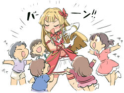  2boys 4girls blonde_hair blunt_ends blush_stickers bow bowtie child closed_eyes commentary_request dress gloves hair_bow idolmaster idolmaster_million_live! idolmaster_million_live!_theater_days long_hair looking_at_another mogami_shizuka multiple_boys multiple_girls official_alternate_costume official_alternate_hair_color red_bow red_bowtie red_dress simple_background standing tsubobot v-shaped_eyebrows white_background white_gloves 