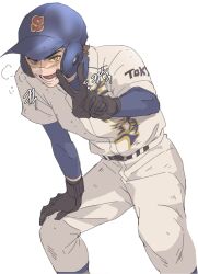  1boy ace_of_diamond baseball_helmet baseball_jersey baseball_uniform belt black_belt black_gloves brown_eyes brown_hair commentary_request fkqnfkeh gloves goggles helmet highres jersey korean_commentary looking_at_viewer male_focus miyuki_kazuya open_mouth pants shirt short_hair simple_background solo sportswear standing sweat teeth v white_background white_pants white_shirt 