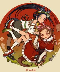  2026 2girls absurdres animal_ears bare_shoulders bell black_hair border bow braid braided_bangs brown_hair chinese_knot chinese_zodiac closed_mouth commentary_request detached_sleeves dress ema fake_animal_ears finger_to_own_chin frills fur-trimmed_dress fur-trimmed_sleeves fur_trim hair_bow hair_ribbon hairband hat high_heels highres horse horse_ear_hairband horse_ears horse_tail japanese_clothes kamisaki_hikaru kneehighs lava_indifferent long_hair long_sleeves medalist_(manga) multiple_girls open_mouth orange_eyes puffy_shorts ribbon round_border shorts skates smile socks tail white_socks wide_sleeves year_of_the_horse yellow_eyes yuitsuka_inori 