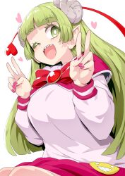  1girl ;d babyls_school_uniform bow bowtie bright_pupils commentary curled_horns demon_girl demon_tail double_v green_eyes green_hair hands_up heart highres horns long_hair long_sleeves mairimashita!_iruma-kun one_eye_closed pink_nails pink_skirt pointy_ears red_bow red_bowtie school_uniform sharp_teeth shirt skirt smile solo tail teeth tottotonero upper_body v valac_clara white_background white_shirt 
