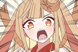  1girl amtkmituki animal_ears brown_eyes brown_hair cho_kaguya-hime! commentary_request crescent crescent_hair_ornament egasumi hair_ornament kaguya_(cho_kaguya-hime!) long_hair looking_at_viewer open_mouth rabbit_ears rabbit_girl solo teeth upper_body 