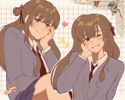  1girl absurdres black_necktie blazer blue_skirt brown_hair collared_shirt commentary grey_jacket grid_background heart highres jacket long_hair looking_at_viewer multiple_views necktie newspaper one_eye_closed piapie06 school_uniform sendai_hazuki shirt shuuniichido_classmate_wo_kau_hanashi skirt smile sparkle untranslatable_commentary violet_eyes white_shirt 