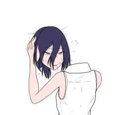  1girl chainsaw_man collared_shirt green_eyes hair_between_eyes holding holding_detached_head medium_hair messy_hair purple_hair reze_(chainsaw_man) shirt simple_background sleeveless sleeveless_shirt solo sweat tikuwabunoakuma white_background white_shirt 