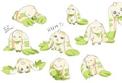  closed_eyes digimon digimon_(creature) english_text green_fur highres horns loyaldis multiple_views no_humans simple_background single_horn terriermon two-tone_fur white_background white_fur 