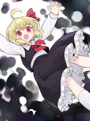  1girl :d ahoge ascot black_skirt black_vest blonde_hair blush_stickers collared_shirt commentary_request crossed_bangs dot_nose frilled_skirt frills hair_between_eyes hair_ribbon highres kibisake long_sleeves open_mouth outstretched_arms red_ascot red_eyes red_ribbon ribbon rumia shirt short_hair skirt skirt_set smile solo striped_ribbon touhou vest white_shirt 