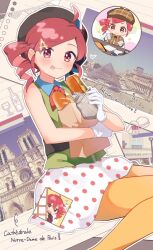  1girl ahoge alt_text alternate_costume bag baguette beret blush bread chibi chibi_inset commentary_request contrast_collar drill_hair feet_out_of_frame food french_flag from_side gloves green_shirt hair_ornament hat highres holding holding_bag holding_food holding_sandwich kasane_teto looking_at_viewer louvre_pyramid mani_(manidrawings) neckerchief notre_dame_de_paris pantyhose paper_bag parted_bangs photo_(object) polka_dot polka_dot_skirt red_eyes red_neckerchief sandwich shirt sidelocks sitting skirt sleeveless sleeveless_shirt smile solo tongue tongue_out twin_drills twitter_username utau white_gloves white_skirt yellow_pantyhose 