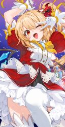  1girl alternate_costume blonde_hair blush bow bowtie brooch commentary_request crystal crystal_wings dress flandre_scarlet gloves gotoh_(nekocat) hair_ornament heart heart_brooch heart_hair_ornament highres holding jewelry magical_girl multicolored_wings one_eye_closed one_side_up puffy_short_sleeves puffy_sleeves red_dress red_eyes short_sleeves signature solo thigh-highs touhou v v_over_eye watermark watermark_grid white_gloves white_thighhighs wings yellow_bow yellow_bowtie 