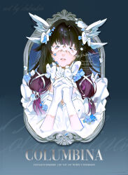  1girl black_hair blue_flower blue_petals bow bow_choker character_name choker columbina_(genshin_impact) dokiokio dress eye_mask flower flower_on_face frilled_choker frills genshin_impact gloves hair_bow hair_flower hair_ornament head_wings highres long_hair mask multicolored_hair own_hands_clasped own_hands_together palms_together petals purple_hair solo two-tone_hair upper_body violet_eyes white_bow white_dress white_gloves white_wings wings x-shaped_eyewear x_hair_ornament 