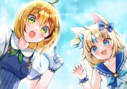  2girls :o animal_ears blonde_hair blue_collar blue_eyes blue_neckerchief blue_scrunchie blue_shoes blue_sky blue_streaks blush bow brown_streaks cat_ears chestnut_mouth claw_pose collar commentary dooby dooby_(1st_costume) dress fang frilled_sailor_collar frills gloves green_eyes green_neckerchief hair_bow hair_ornament highres indie_virtual_youtuber looking_at_viewer low_twintails mia_mikhail multicolored_hair multiple_girls neckerchief no_jacket open_mouth pointing pointing_at_viewer sailor_collar sailor_dress sameko_saba sameko_saba_(1st_costume) scrunchie shirt shoes short_hair sky sleeveless sleeveless_dress streaked_hair thick_eyebrows twintails v-shaped_eyebrows virtual_youtuber w_arms white_dress white_gloves white_shirt wrist_scrunchie 