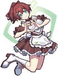  1girl alternate_costume boots commentary_request emma_verde freckles full_body green_eyes hair_ornament hairclip heart heart_hands long_hair looking_at_viewer love_live! love_live!_nijigasaki_high_school_idol_club maid maid_headdress ponytail red_hair smile solo waste-man white_background white_boots 