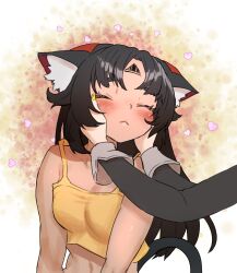 1girl 1other :3 alternate_costume alternate_hair_length_(longer) alternate_hairstyle animal_ear_fluff animal_ears black_hair black_sleeves blush cat_ears cat_girl cat_tail closed_eyes closed_mouth commentary_request dark-skinned_female dark_skin highres kamiyama_kenta long_hair nekomiya_mana shirt smiel tail yellow_shirt zenless_zone_zero 
