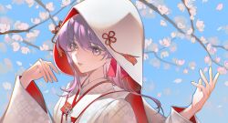  1girl absurdres amiably_02 blue_sky branch cherry_blossoms chinese_commentary commentary_request fate/stay_night fate_(series) floral_print hair_ribbon highres hood hooded_kimono japanese_clothes kimono long_hair looking_at_viewer matou_sakura parted_lips petals purple_hair red_ribbon ribbon single_sidelock sky solo tassel teeth uchikake upper_body violet_eyes white_hood white_kimono 