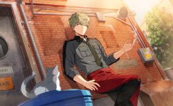  1boy air_conditioner apron black_pants breast_pocket brick_wall cat cigarette collared_shirt day game_cg green_eyes green_hair grey_shirt happy_elements helios_rising_heroes highres holding holding_cigarette keith_max male_focus necktie non-web_source official_art one_eye_covered outdoors pants parted_lips pocket shirt sitting sleeves_rolled_up smoking solo trash_can waist_apron 