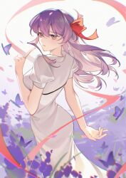  1girl absurdres amiably_02 breasts bug butterfly chinese_commentary commentary_request dress english_commentary fate/stay_night fate_(series) feet_out_of_frame hair_ribbon highres index_finger_raised long_dress long_hair matou_sakura medium_breasts mixed-language_commentary parted_lips puffy_short_sleeves puffy_sleeves purple_butterfly purple_hair red_ribbon ribbon short_sleeves solo teeth violet_eyes white_dress 