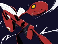  closed_mouth colored_skin commentary_request highres insect_wings pincers pokemon pokemon_(creature) pokemon_focus red_skin redamber334 scizor solo standing wings yellow_eyes 