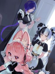  3girls animal_ear_fluff animal_ear_piercing animal_ears black_dress black_hair blue_hair braid braided_twintails bright_pupils closed_mouth commentary_request dialyn_(zenless_zone_zero) dress earrings enmaided furry furry_female hair_extensions hair_over_one_eye highres jewelry long_hair looking_at_viewer maid maid_headdress multicolored_hair multiple_girls necktie open_mouth parted_lips pink_fur pink_hair promeia_(zenless_zone_zero) rabbit_ears rabbit_girl red_eyes ring_hair_extensions smile split-color_hair uixy violet_eyes white_hair white_pupils yellow_eyes yellow_necktie zenless_zone_zero zhao_(zenless_zone_zero) 