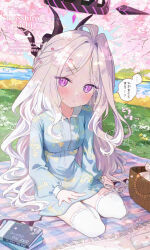  1girl black_halo blue_archive blue_dress book braid breasts cherry_blossoms collarbone commentary_request demon_girl demon_horns demon_wings dress fingernails floral_print floral_print_dress flower halo highres hina_(blue_archive) horns long_sleeves looking_at_viewer masshirokachi multiple_horns parted_lips pink_flower pink_nails print_dress sitting small_breasts solo speech_bubble thigh-highs translation_request violet_eyes watermark white_hair white_thighhighs wings yokozuwari 