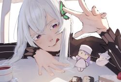  1boy 2girls anastasia_hoshin black_capelet black_dress black_hair bug butterfly butterfly_hair_ornament cake cake_slice capelet character_figure closed_mouth colored_eyelashes commentary cup dress echidna_(re:zero) english_commentary food fox fur_hat green_butterfly hair_between_eyes hair_ornament hair_slicked_back hat highres jacket long_hair long_sleeves looking_at_object mercaxy multiple_girls natsuki_subaru papakha purple_hair re:zero_kara_hajimeru_isekai_seikatsu sleeping smile star_(symbol) star_hair_ornament striped_clothes striped_dress teacup tongue tongue_out toy track_jacket track_suit twitter_username upper_body vertical-striped_clothes vertical-striped_dress violet_eyes white_background white_eyelashes white_hair 
