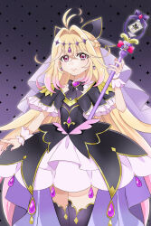  1girl absurdres aki_hituji_0801 antenna_hair black_bow black_bowtie black_capelet black_dress black_thighhighs blonde_hair bow bowtie braid brooch capelet closed_mouth commentary cowboy_shot crown_braid cure_arcana_shadow diamond_hairband dress earrings frilled_capelet frilled_cuffs frilled_dress frills gradient_hair hair_bow hair_intakes heart heart_brooch highres holding holding_staff jewelry layered_dress light_frown long_hair looking_at_viewer magical_girl meitantei_precure! moria_luluka multicolored_hair precure purple_veil short_dress solo staff standing tear_arcana_rod thigh-highs veil very_long_hair violet_eyes 