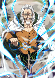  1boy beard buttons cape collarbone commentary_request energy facial_hair from_above green_pants looking_at_viewer male_focus musasabiop mustache_stubble old old_man one_piece orange_shirt pants parted_lips round_eyewear sandals scar scar_across_eye scar_on_face shirt silvers_rayleigh solo stubble white_cape 