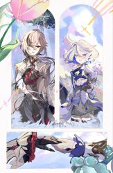  2girls ahoge arlecchino_(genshin_impact) bell_sleeves black_hair black_hands black_streaks blue_eyes blue_hair blue_jacket blue_streaks blush brooch clouds coat colored_extremities colored_inner_hair commentary_request cowboy_shot dou_da_ya16 fatui_coat flower furina_(genshin_impact) genshin_impact gloves grass grey_coat grey_hair grey_pants grey_shorts hair_between_eyes hair_over_one_eye heterochromia highres holding_hands jacket jewelry long_hair long_sleeves multicolored_hair multiple_girls pants pink_flower red_eyes short_hair shorts smile standing streaked_hair teardrop-shaped_gem thigh_strap two-tone_hair vision_(genshin_impact) white_coat white_gloves white_hair 