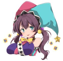  1girl blue_eyes blush bow bowtie breasts closed_mouth commentary_request detached_sleeves hair_between_eyes hat hikaru_(sgst) jester_cap large_breasts long_hair low_twintails megido72 multicolored_hat nybbas_(megido72) purple_hair shirt simple_background sleeveless sleeveless_shirt smile solo tongue tongue_out twintails upper_body white_background yellow_bow 