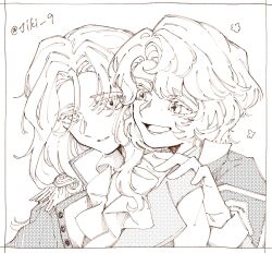  2girls commentary_request greyscale highres jacket jiki_(jiki_9) long_hair looking_at_another marsha_(reverse:1999) monochrome multiple_girls open_mouth parted_hair reverse:1999 sentinel_(reverse:1999) short_hair smile twitter_username yuri 